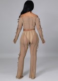 Autumn Sexy Kahaki Hollow Out Bandage Off Shoulder Long Sleeve Crop Top and Pant Set