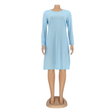 Autumn Casual Blue O-Neck Pocket Shirt Dress