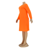 Vestido de camisa de bolsillo con cuello en O naranja informal de otoño