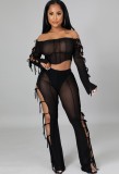 Autumn Sexy Black Hollow Out Bandage Off Shoulder Long Sleeve Crop Top and Pant Set