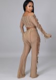 Autumn Sexy Kahaki Hollow Out Bandage Off Shoulder Long Sleeve Crop Top and Pant Set