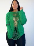 Autumn Casual Green O-Neck Long Sleeve Cut line Sweater