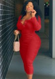 Autumn Plus Size Casual Red Button Round Neck Long Sleeve Long Dress