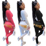 Autumn Casual Pink Long Sleeve Backside Bandage Crop Top and Letter Print Pant Set