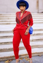 Autumn Casual Red Rhinestone with Tassels Zipper Long Sleeve Top and Pant Set