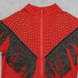 Autumn Casual Red Rhinestone with Tassels Zipper Long Sleeve Top and Pant Set