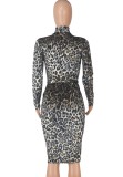 Fall Sexy Black Leopard Zip Up Long Sleeve Midi Dress