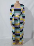Fall Plus Size Multicolor Stripe Tube Long Dress and Matching Coat Set