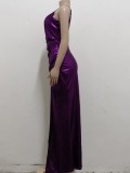 Fall Purple Shiny V Neck Sleeveless Split Evening Dress
