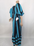 Fall Off Shoulder Blue Stripe Print Swing Maxing Dress