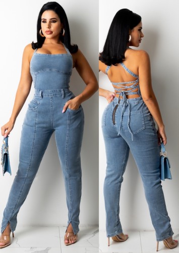 Tuta di jeans slim senza schienale sexy con cavezza autunnale