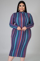 Herbst Plus Size Multicolor Streifen Print Schlankes langes Kleid