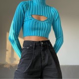 Autumn Casual Blue Hollow out High neck Long Sleeve Crop Top