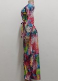 fall Multicolor Print Wrap Nexk Split Maxi Dress