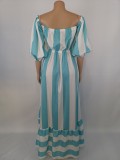 Fall Off Shoulder Light Blue Stripe Print Swing Maxing Dress
