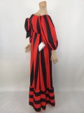 Fall Off Shoulder Red Stripe Print Swing Maxing Dress