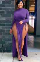 Vestido largo con abertura en el lazo y manga larga con cuello alto morado sexy de otoño talla grande