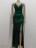 Fall Green Shiny V Neck Sleeveless Split Evening Dress