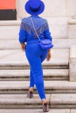 Autumn Casual Blue Rhinestone with Tassels Zipper Long Sleeve Top and Pant Set