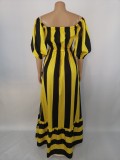 Fall Off Shoulder Yellow Stripe Print Swing Maxing Dress