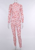 Autumn Casual Pink Print Skinny  Long Sleeve Top and Pant Set