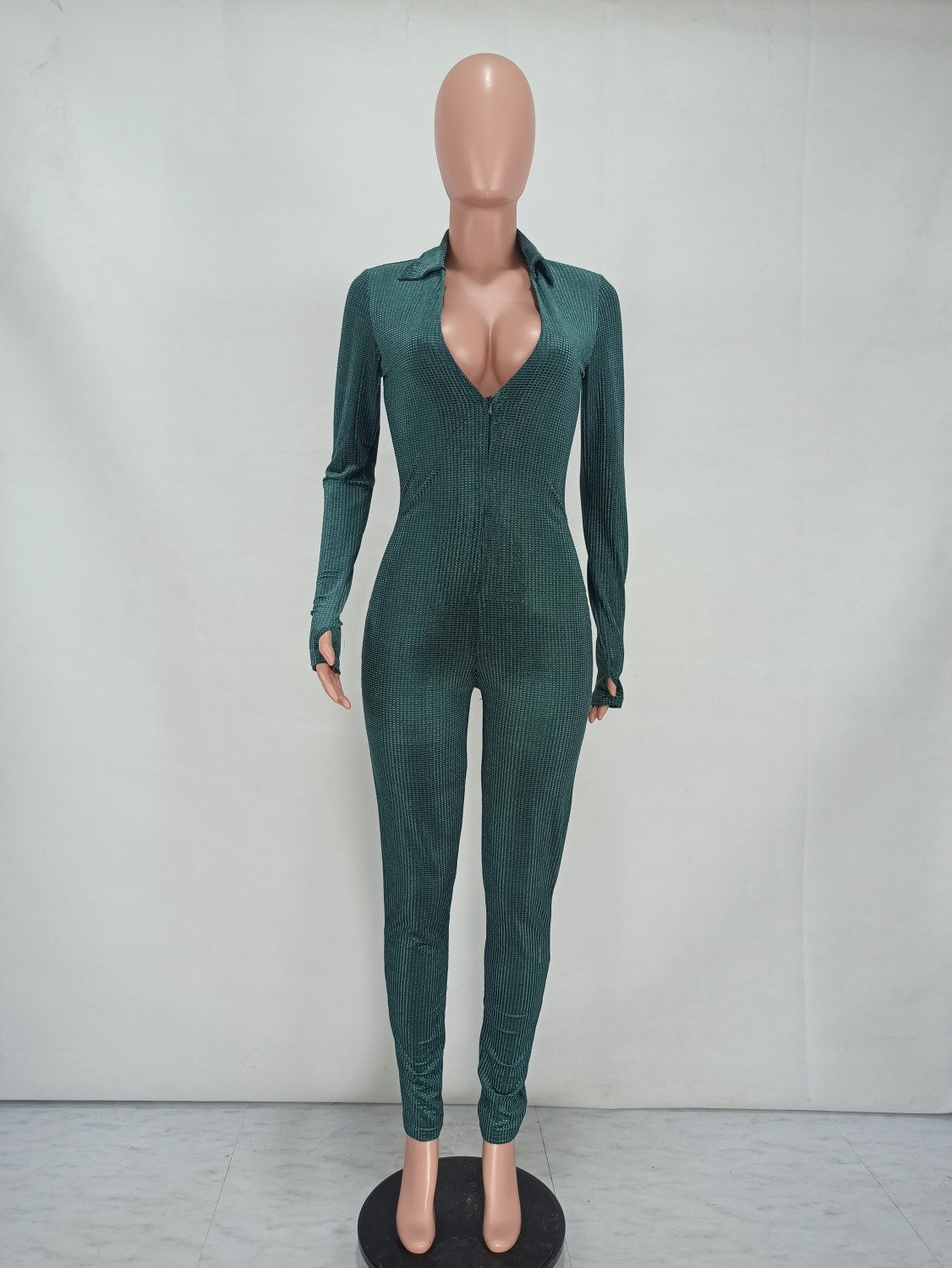 Wholesale Fall Women Sexy Green Fitted Long Sleeve Zipper Jumpsuit ...