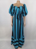 Fall Off Shoulder Blue Stripe Print Swing Maxing Dress