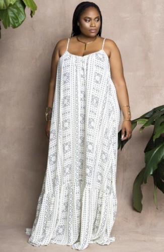 Fall Plus Size White Sling Casual Loose Maxi Dress
