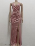 Fall Pink Shiny V Neck Sleeveless Split Evening Dress