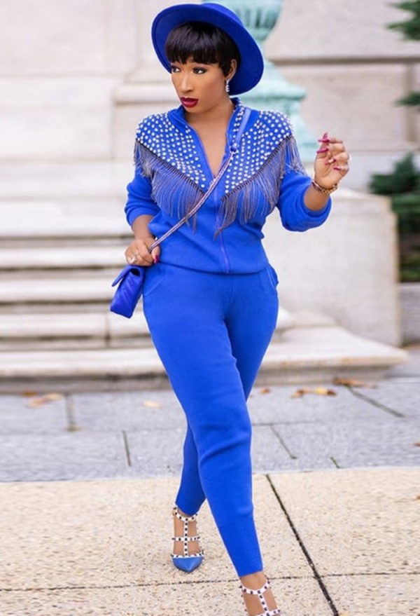 Autumn Casual Blue Rhinestone with Tassels Zipper Long Sleeve Top and Pant Set