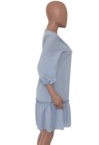 Fall Blue Puff Sleeve Frill Mini Casual Dress