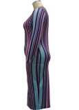 Fall Plus Size Mulitcolor Stripe Print Slim Long Dress