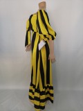 Fall Off Shoulder Yellow Stripe Print Swing Maxing Dress