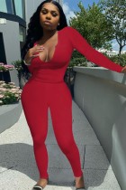 Herbst Sexy Rotes U-Ausschnitt Slim Top und passende Hose Set