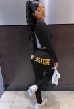 Autumn Casual Black Long Sleeve Backside Bandage Crop Top and Letter Print Pant Set