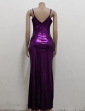 Fall Purple Shiny V Neck Sleeveless Split Evening Dress