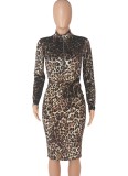 Fall Sexy Brown Leopard Zip Up Long Sleeve Midi Dress