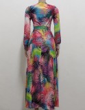 fall Multicolor Print Wrap Nexk Split Maxi Dress