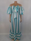 Fall Off Shoulder Light Blue Stripe Print Swing Maxing Dress