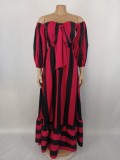 Fall Off Shoulder Rose Stripe Print Swing Maxing Dress