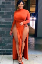 Autumn Plus Size Sexy Orange High-Neck Long Sleeve Wasit Tie Slit Long Dress
