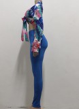 Fall Sexy Blue Floral Knotted Crop Top and Slim Pant Set