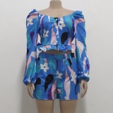Fall Square Collar Puff Sleeve Crop Top and Matching Shorts Set