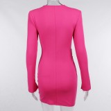 Fall Sexy Pink Square collar Pad Shoulder Bodycon Dress