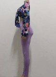 Fall Sexy Purple Floral Knotted Crop Top and Slim Pant Set