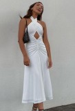 Fall Sexy White Cross Halter Neck Blackless Party Dress