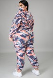 Fall Plus Size Multi Camou Hoodies and Pants Set