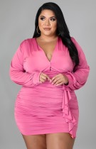 Fall Sexy Plus Size Pink V-neck Ruffled Bodycon Dress