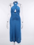 Fall Sexy Blue Cross Halter Neck Blackless Party Dress