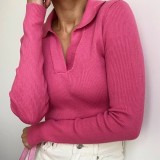 Fall Pink Long Sleeve Turndown Collar Slim Knitted Top